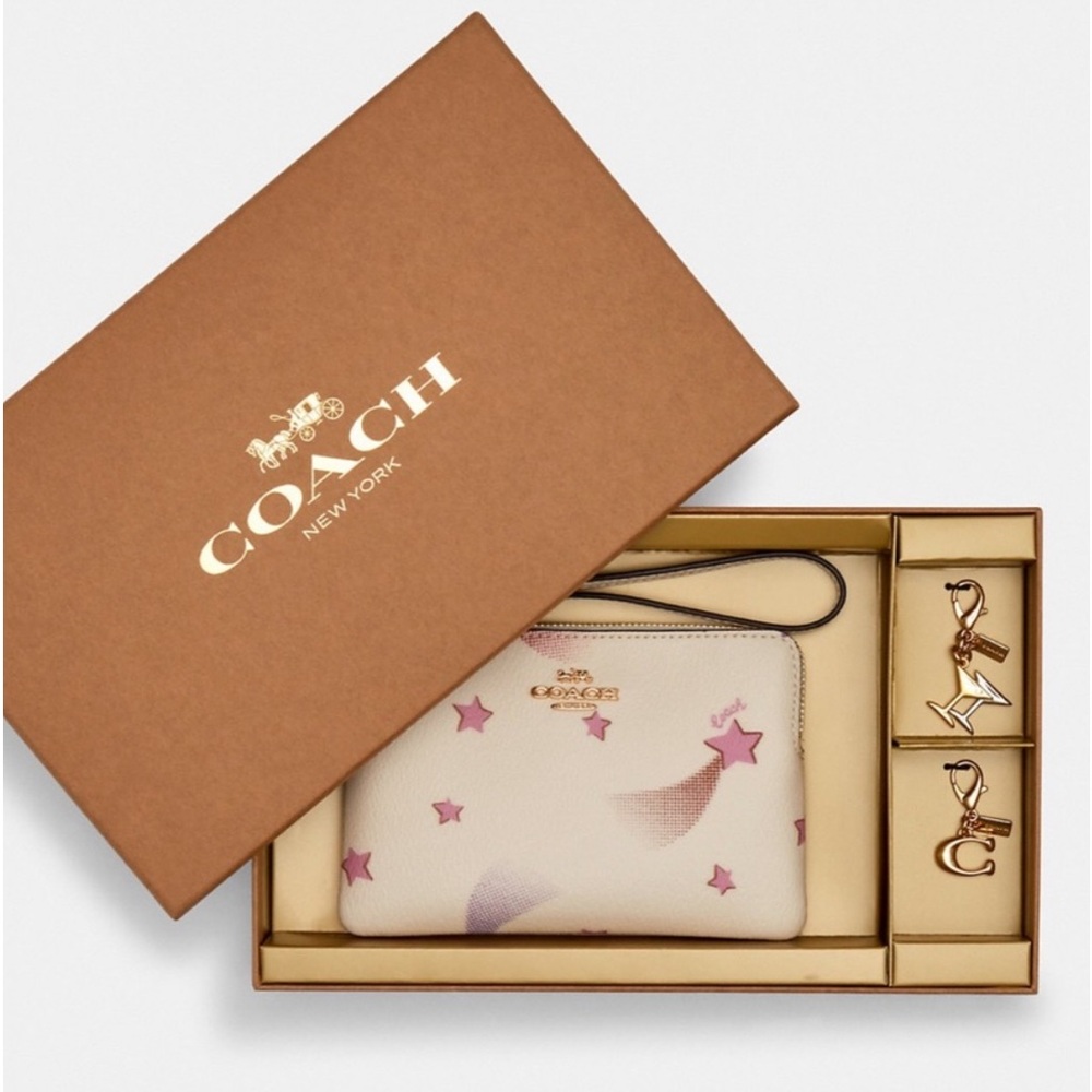 Coach Corner Zip Wristlet with Disco Star Print Boxed
